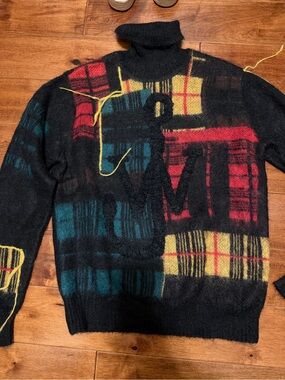 JW ANDERSON Black Turtleneck Sweater with Red, Teal and Yellow Plaid